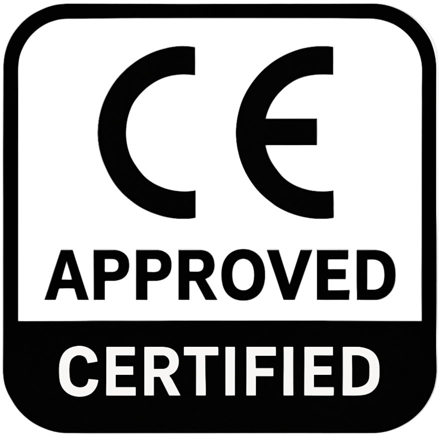 CE approved badge in black and white color